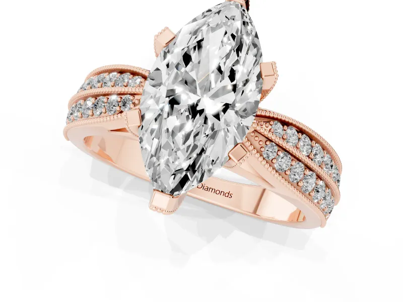 Marquise Cut Diamond Solitaire Ring Set in Rose gold with Milgrain Double Row Round Pavé Band