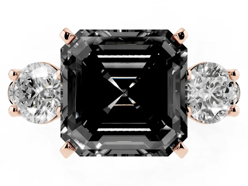 Asscher Cut Three-Stone Engagement Ring Setting for a Black Center | Pavé Shoulders | Rose Gold