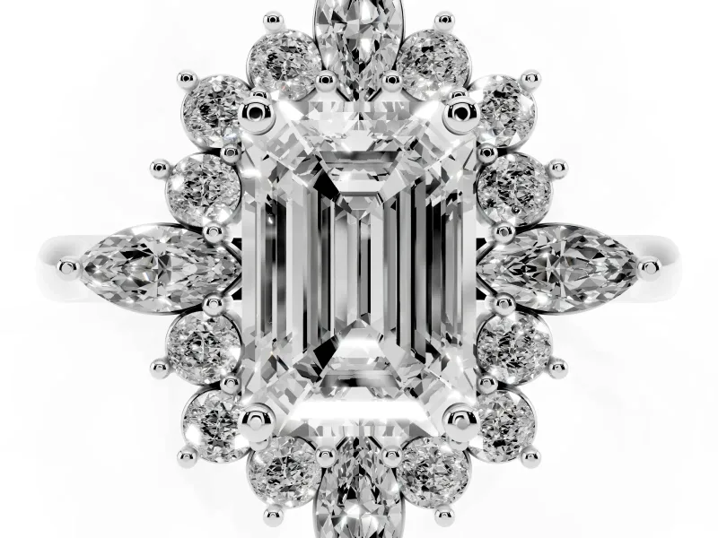 Emerald Cut Cluster Halo Engagement Ring Setting | White Gold