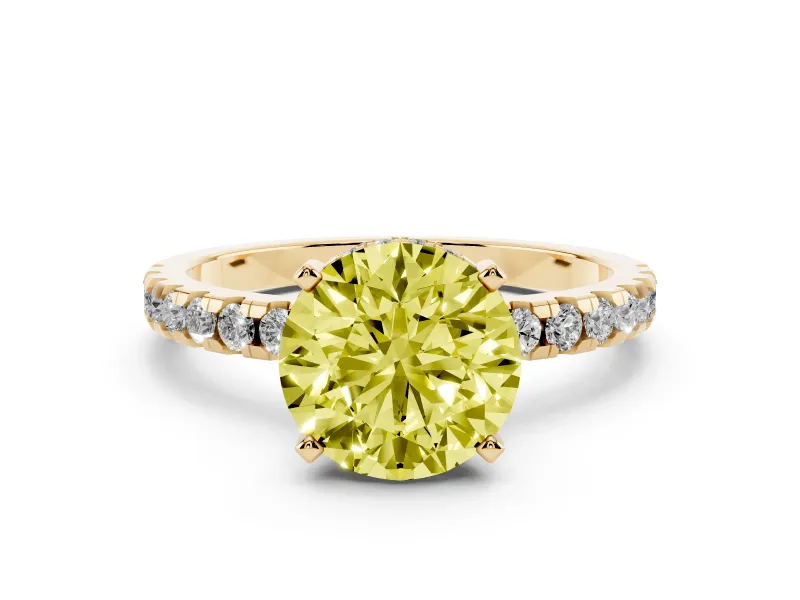 Fancy Yellow Round Cut Diamond Pavé Solitaire Ring Set in Yellow gold with Round Band Accents and Prong Setting