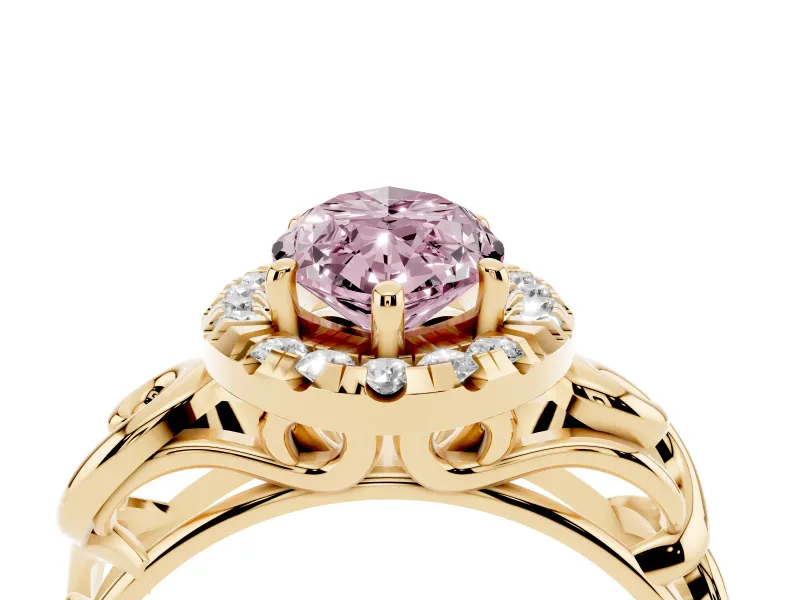 Fancy Pink Marquise Cut Diamond Halo Ring Set in Yellow gold with Scrollwork Band and Prong Setting