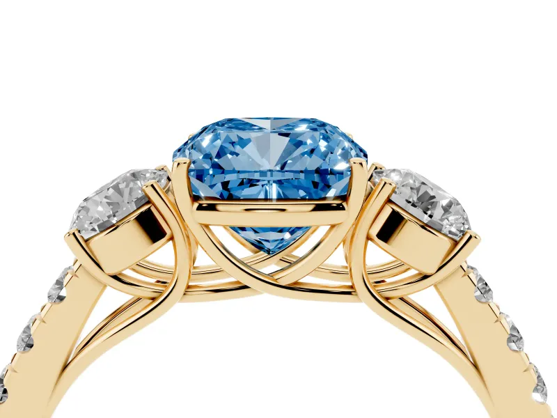 Cushion Cut Engagement Ring Setting for a Fancy Blue Lab-Grown Diamond | Three Stone | Yellow Gold