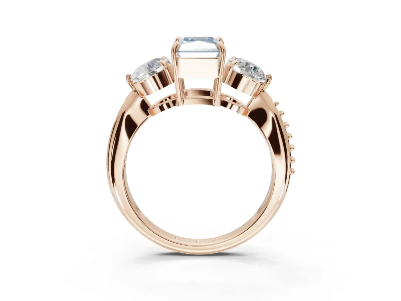 Radiant Cut Three Stone Engagement Ring Setting for a Fancy Blue Lab-Grown Diamond | Tapered Pave Band | Rose Gold