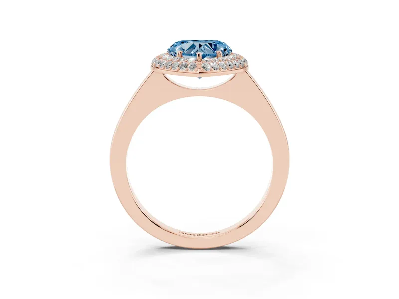 Fancy Blue Heart Cut Diamond Halo Engagement Ring Set in Rose gold with Solitaire Band and Prong Setting
