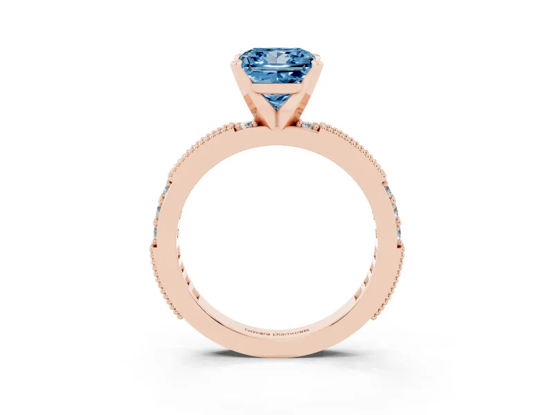 Fancy Blue Princess Cut Diamond Solitaire Ring Set in Rose gold with Slim Pavé Band and Prong Setting