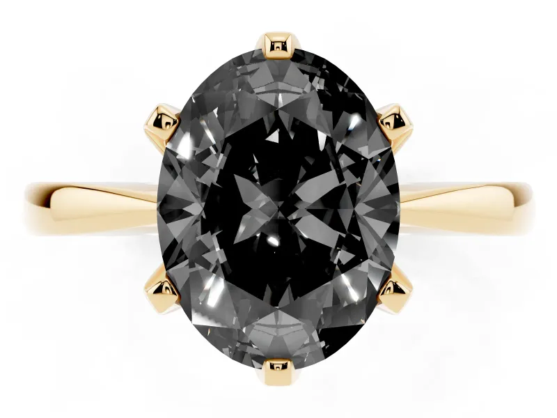 Fancy Black Oval Cut Diamond Solitaire Engagement Ring Set in Yellow gold with Slim Tapered Solitaire Band
