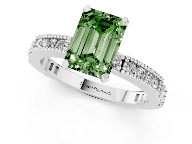Fancy Green Emerald Cut Diamond Solitaire Ring Set in Silver with Slim Pavé Band and Prong Setting