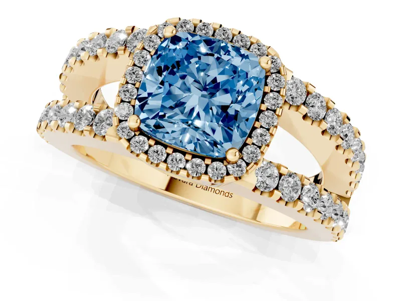 Fancy Blue Cushion Cut Diamond Halo Ring Set in Yellow gold with Pavé Split Shank and Prong Setting
