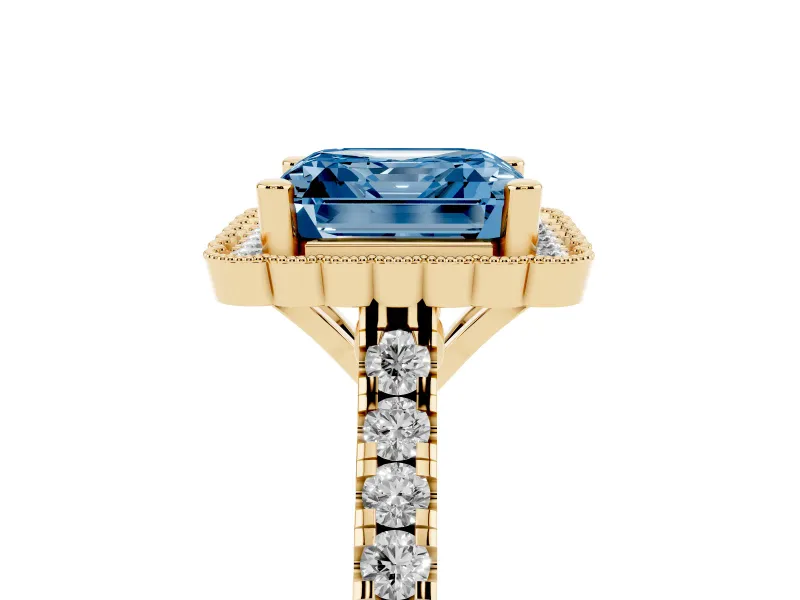 Fancy Blue Asscher Cut Diamond Milgrain Floral Halo Engagement Ring Set in Yellow gold with Pavé Band