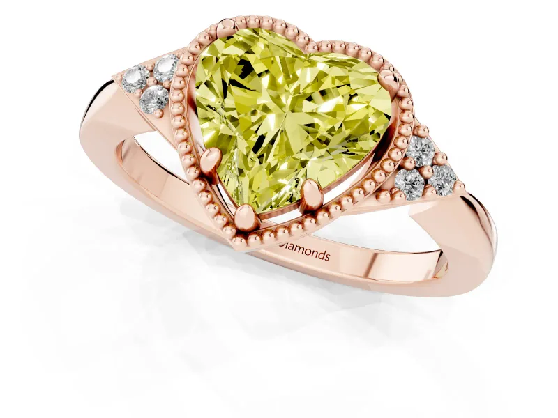 Fancy Yellow Heart Cut Diamond Milgrain Solitaire Ring Set in Rose gold with Tapered Pavé Band and Prong Setting