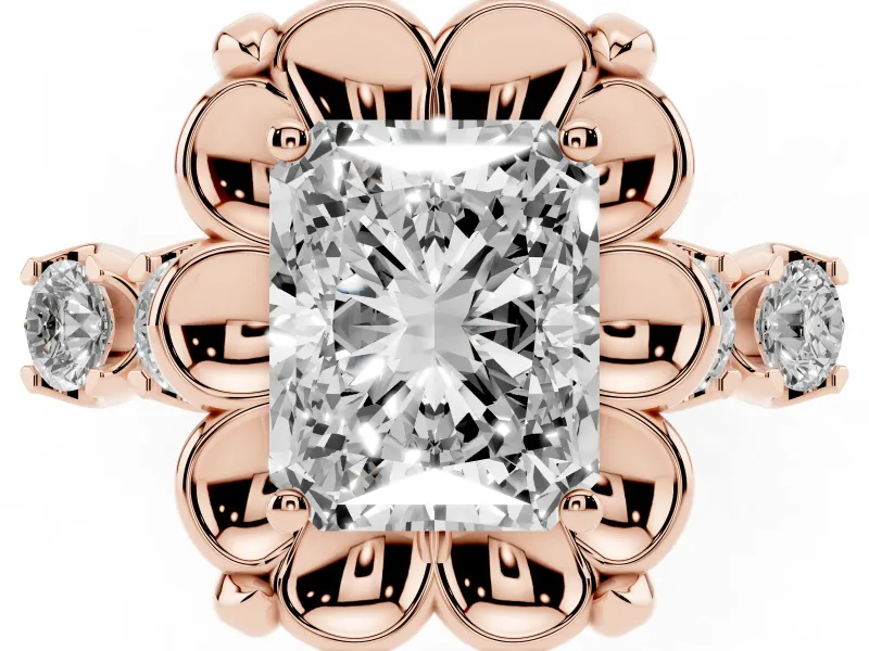 Radiant Cut Floral Engagement Ring Setting | Petal Frame and Side Stones | Rose Gold
