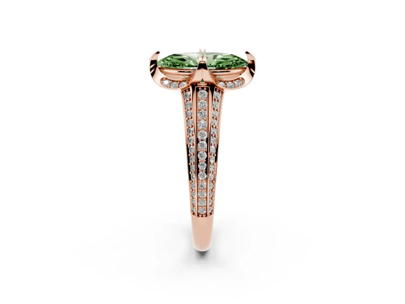 Fancy Green Marquise Cut Diamond Pavé Split Shank Solitaire Ring Set in Rose gold with Prong Setting