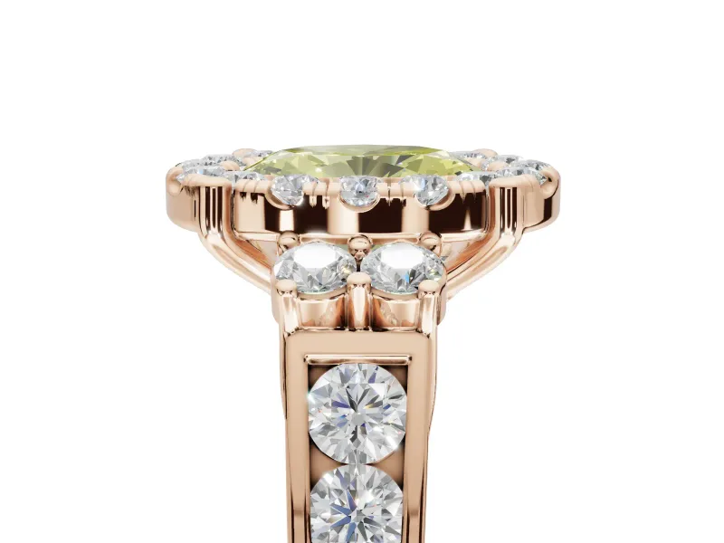 Oval Halo Engagement Ring Setting for a Fancy Yellow Lab-Grown Diamond | Side Clusters | Rose Gold