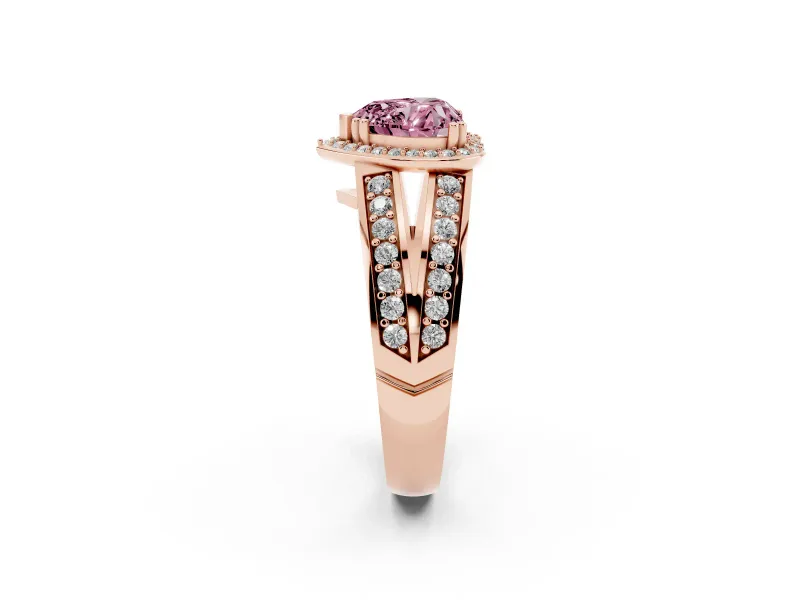 Fancy Pink Heart Cut Diamond Halo Ring Set in Rose gold with Double Pavé Split Shank