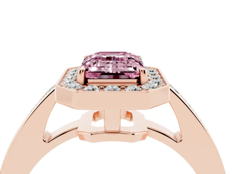 Fancy Pink Emerald Cut Diamond Halo Pavé Engagement Ring Set in Rose gold with Bezel Setting
