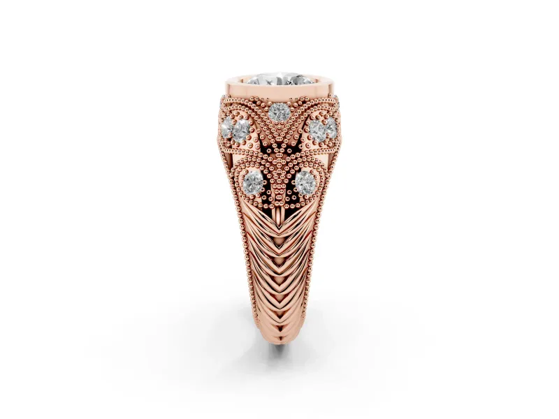 Round Vintage Bezel Engagement Ring Setting | Beaded Paisley Shoulders | Rose Gold
