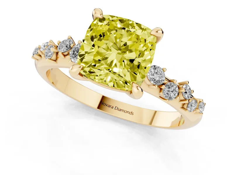 Fancy Yellow Cushion Cut Diamond Solitaire Vine Band Ring Set in Yellow gold with Round Accents and Prong Setting