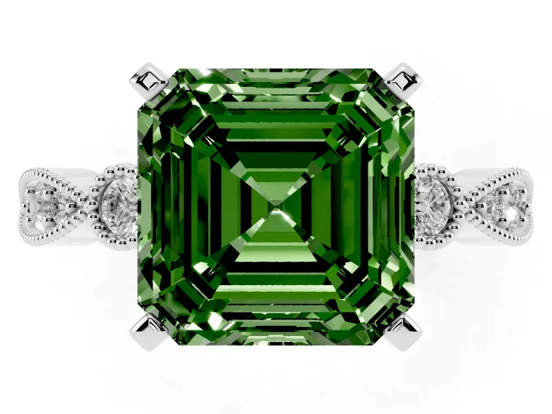 Fancy Green Asscher Cut Diamond Solitaire Engagement Ring Set in Platinum with Milgrain Bezel Accent Band