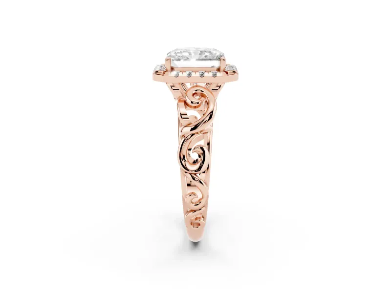 Radiant Cut Vintage Filigree Halo Engagement Ring Setting | Scroll Shoulders | Rose Gold