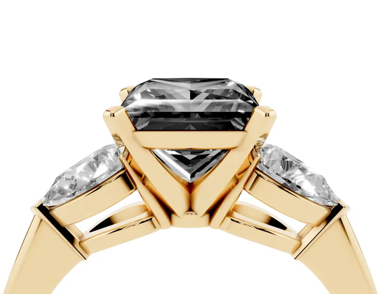 Fancy Black Three-Stone Princess Cut Diamond Ring Set in Yellow gold with Pear Side Stones and Prong Setting