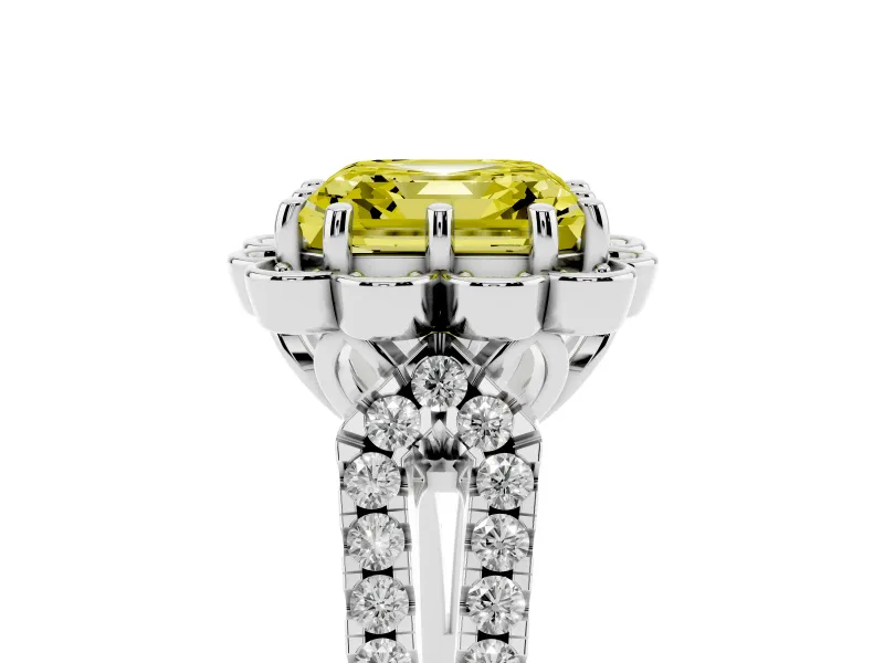 Asscher Cut Floral Halo Engagement Ring Setting for a Fancy Yellow Lab-Grown Diamond | Pavé Split Shank | Platinum