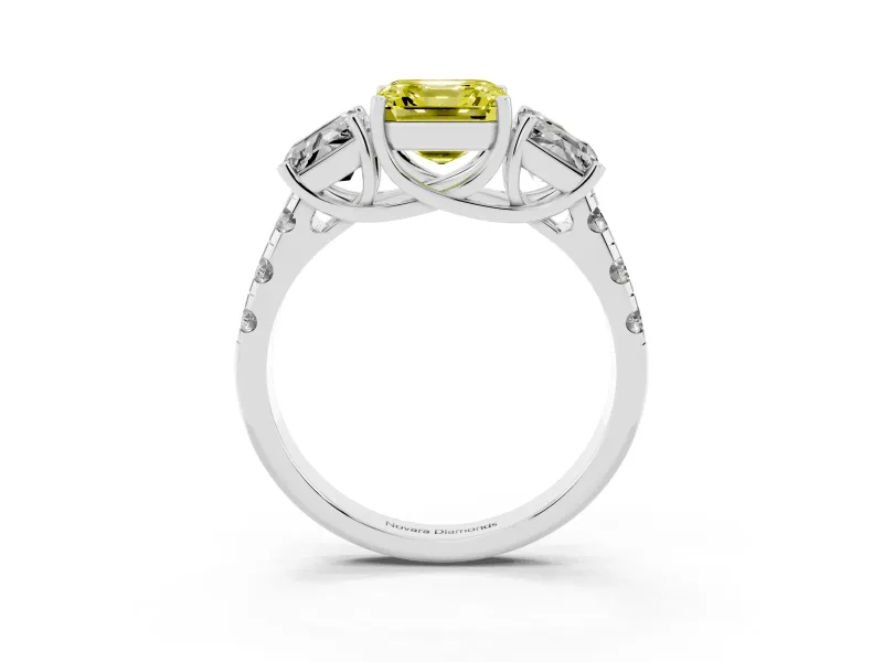 Asscher Cut Three Stone Engagement Ring Setting for a Fancy Yellow Lab-Grown Diamond | Accented Shoulders | Platinum