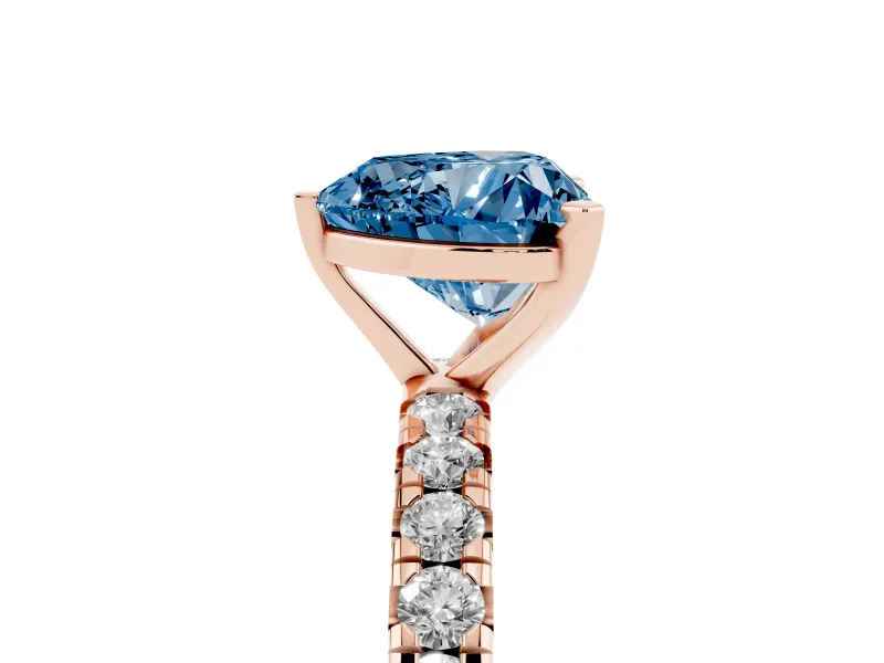 Fancy Blue Heart Cut Diamond Pavé Solitaire Ring Set in Rose gold with Round Band and Prong Setting
