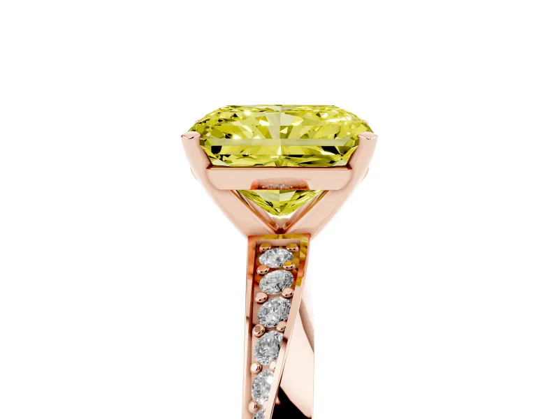 Fancy Yellow Radiant Cut Diamond Engagement Ring Set in Rose gold with Side Stone Accents and Prong Setting