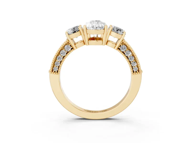 Pear-Shaped Vintage Three Stone Engagement Ring Setting | Graduated Milgrain Pave | Yellow Gold