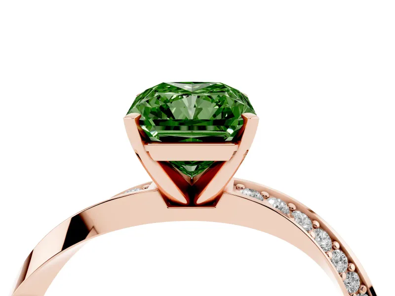 Fancy Green Radiant Cut Diamond Engagement Ring Set in Rose gold with Side Stone Accents and Prong Setting