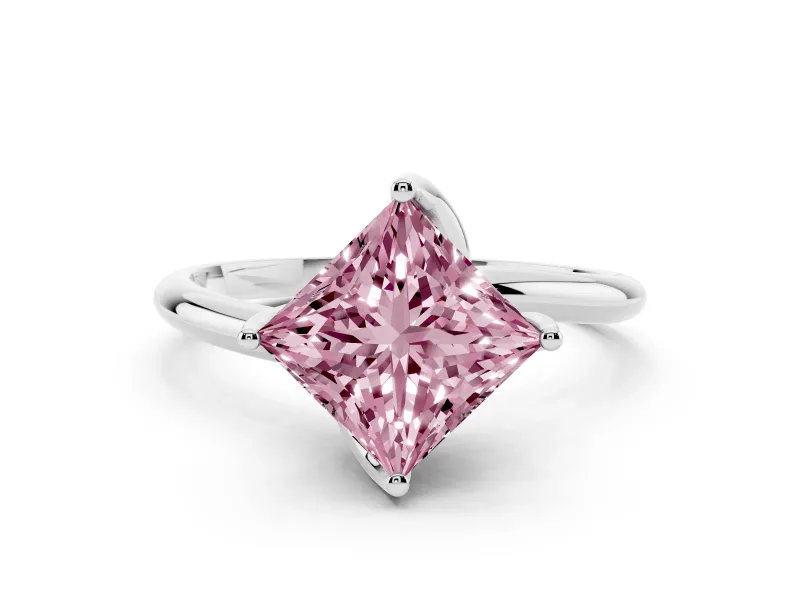 Fancy Pink Princess Cut Diamond Solitaire Engagement Ring Set in Platinum with Classic Plain Band