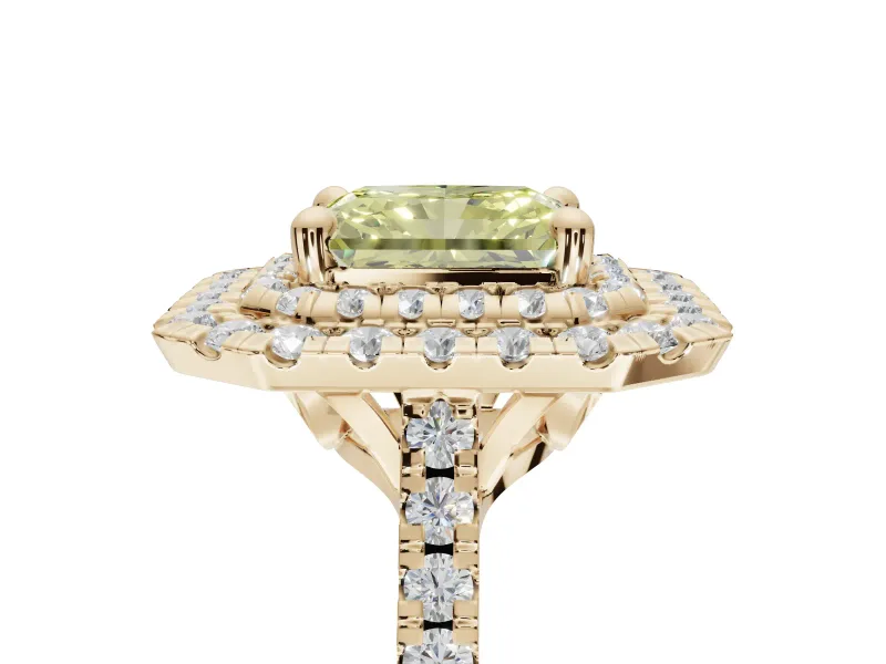 Canary Yellow Radiant Cut Lab-Grown Diamond Double Halo Statement Ring Set in Yellow Gold with Pavé Band