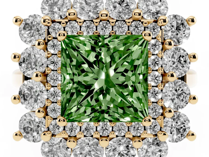 Princess Cut Floral Double Halo Engagement Ring Setting for a Fancy Green Lab-Grown Diamond | Plain Band | Yellow Gold