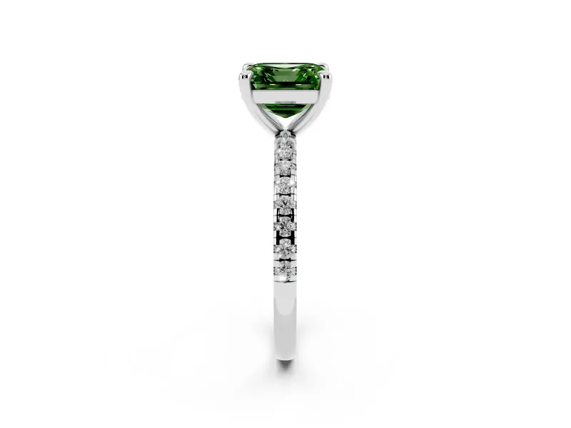 Fancy Green Asscher Cut Diamond Brilliant Solitaire Ring Set in Silver with Pavé Band and Prong Setting