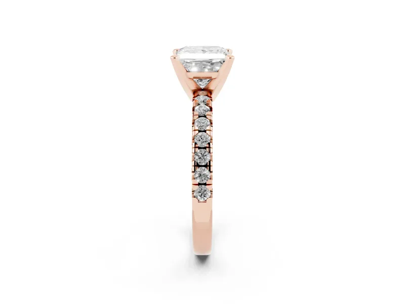 Princess Cut Diamond Solitaire Pavé Engagement Ring Set in Rose gold with Round Band and Prong Setting