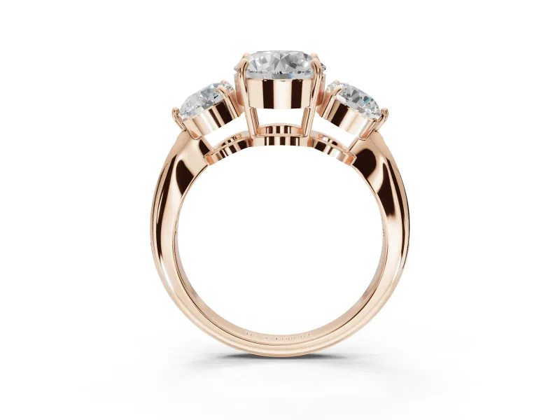 Round Three Stone Engagement Ring Setting | Tapered Pave Band | Rose Gold