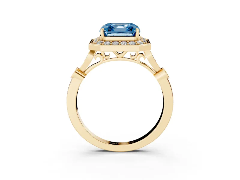 Asscher Cut Halo Engagement Ring Setting for a Fancy Blue Lab-Grown Diamond | Bezel Station Shoulders | Yellow Gold