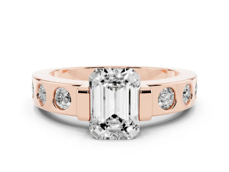 Emerald Cut Diamond Channel-Set Band Ring Set in Rose gold with Bezel Prong Setting