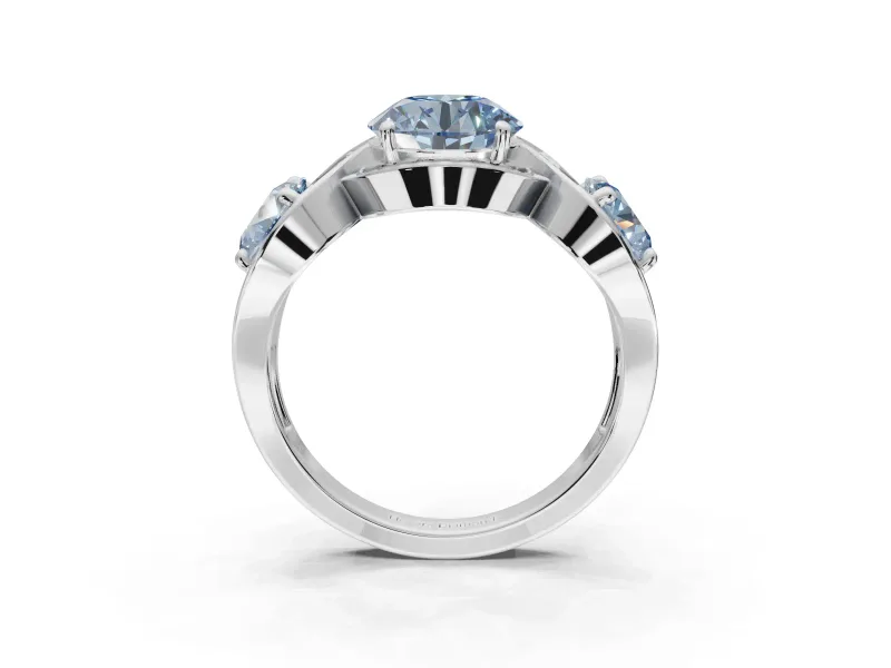 Round Three Stone Halo Engagement Ring Setting for a Fancy Blue Lab-Grown Diamond | Pavé Wave Band | Sterling Silver