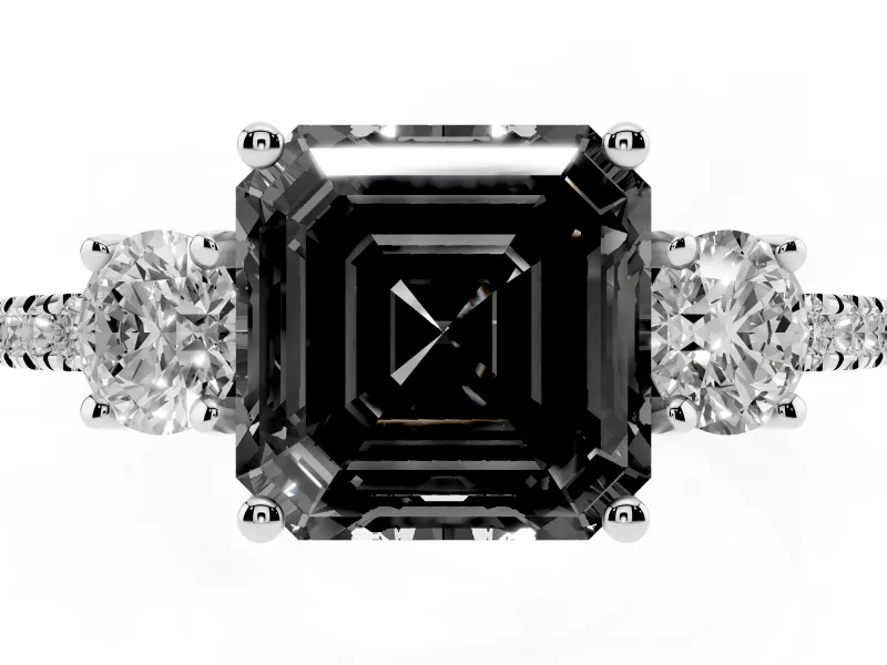 Asscher Cut Three Stone Engagement Ring Setting for a Black Center | Pavé Shoulders | Sterling Silver