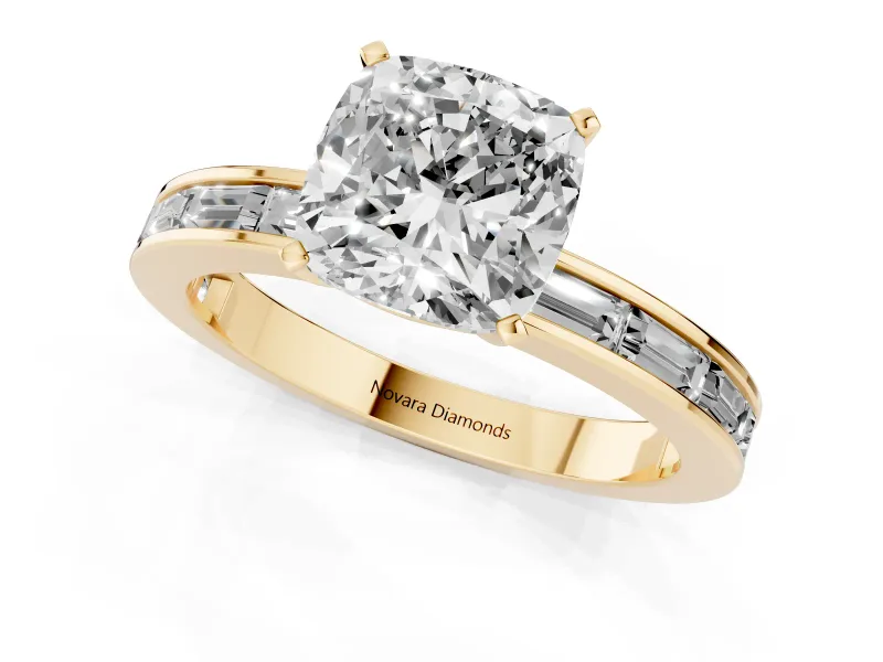 Cushion Cut Channel Set Engagement Ring Setting | Baguette Side Stones | Yellow Gold