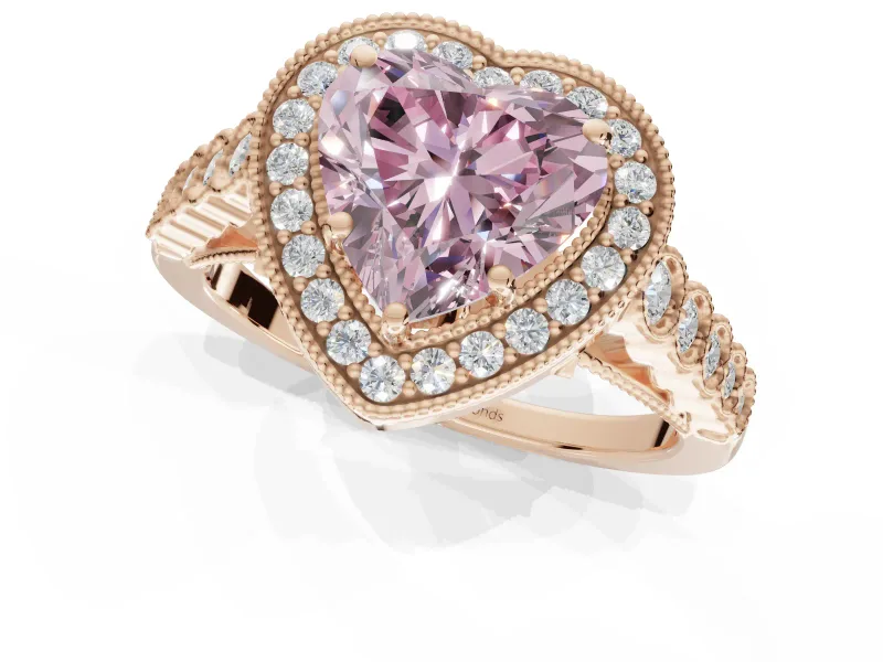 Fancy Pink Heart-Shaped Lab-Grown Diamond Milgrain Halo Solitaire Ring Set in Rose Gold with Bezel Set Side Stones and Pavé Band