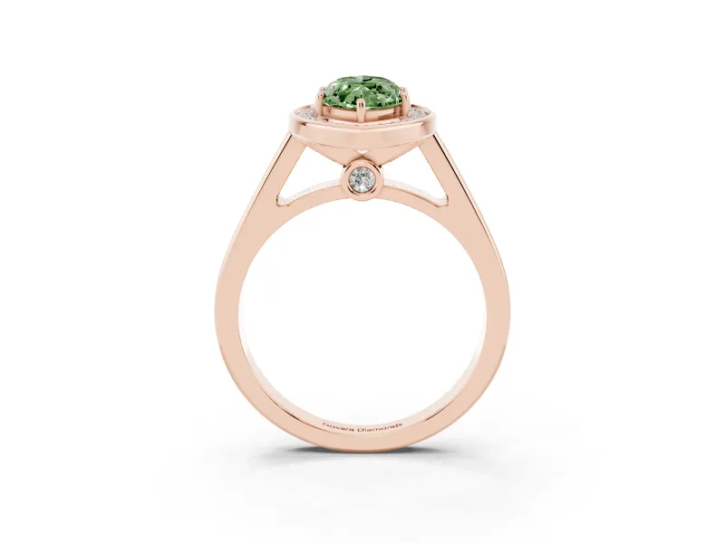 Fancy Green Marquise Cut Diamond Halo Solitaire Ring Set in Rose gold with Pavé Band and Bezel Setting