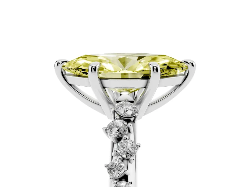Fancy Yellow Marquise Cut Diamond Solitaire Vine Band Ring Set in Silver with Round Accents and Prong Setting