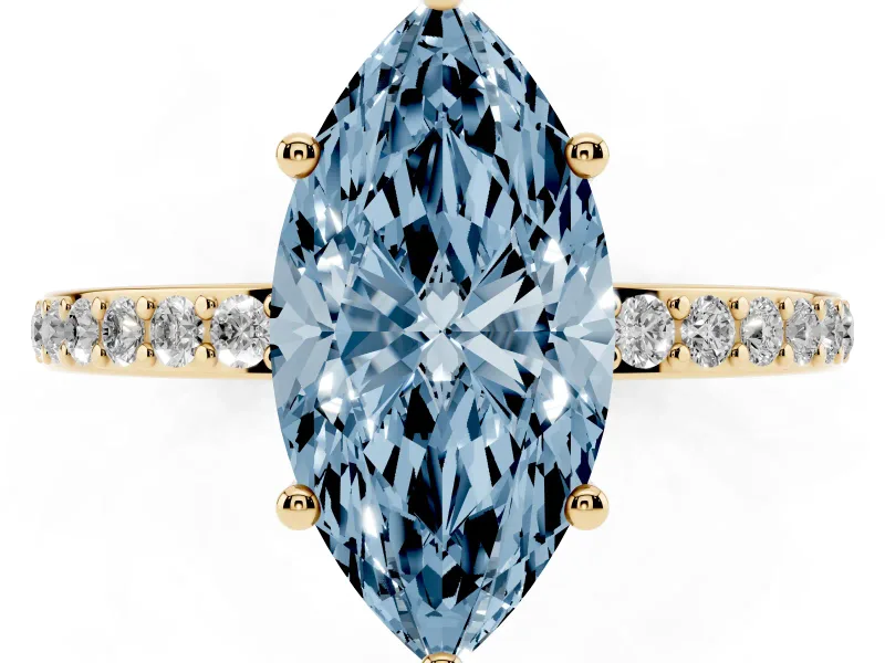 Fancy Blue Marquise Cut Diamond Pavé Band Ring Set in Yellow gold with Prong-Set Center Stone