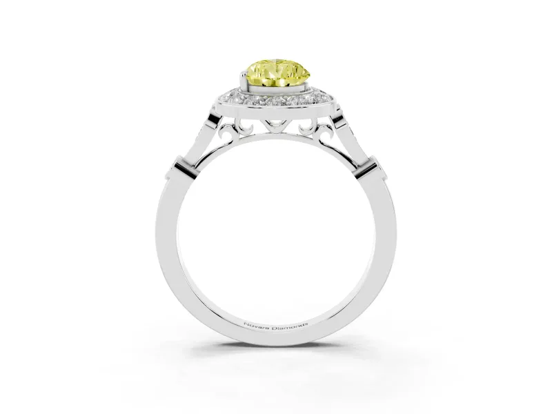 Fancy Yellow Pear Cut Diamond Halo Engagement Ring Set in White gold with Twisted Band and Prong Setting