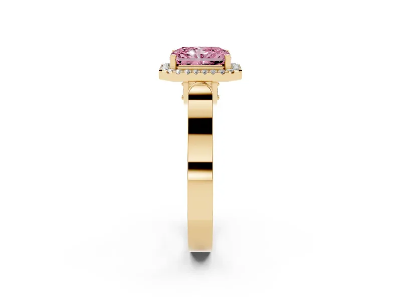 Radiant Cut Halo Engagement Ring Setting for a Fancy Pink Lab-Grown Diamond | Pavé Panel Shoulders | Yellow Gold