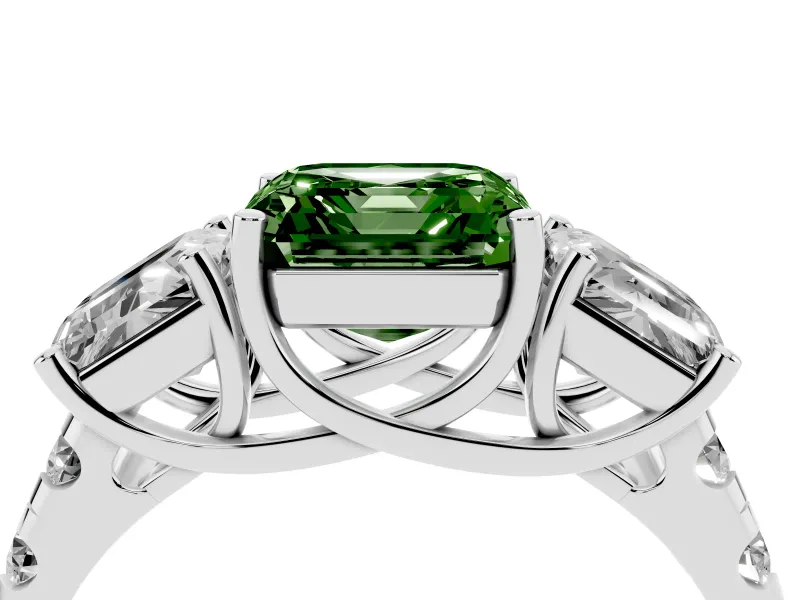 Asscher Cut Three Stone Engagement Ring Setting for a Fancy Green Lab-Grown Diamond | Accented Shoulders | Platinum