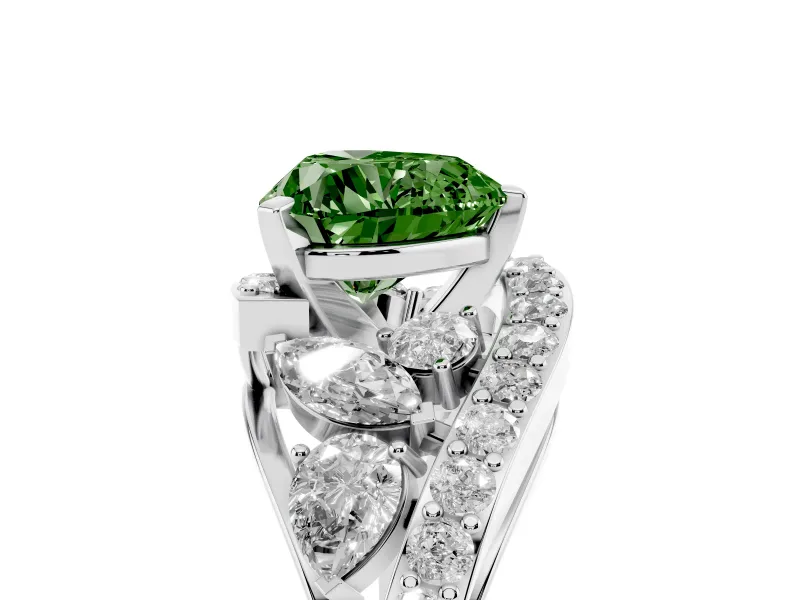 Fancy Green Heart Cut Diamond Halo Ring Set in Silver with Marquise and Pavé Band in Prong Setting