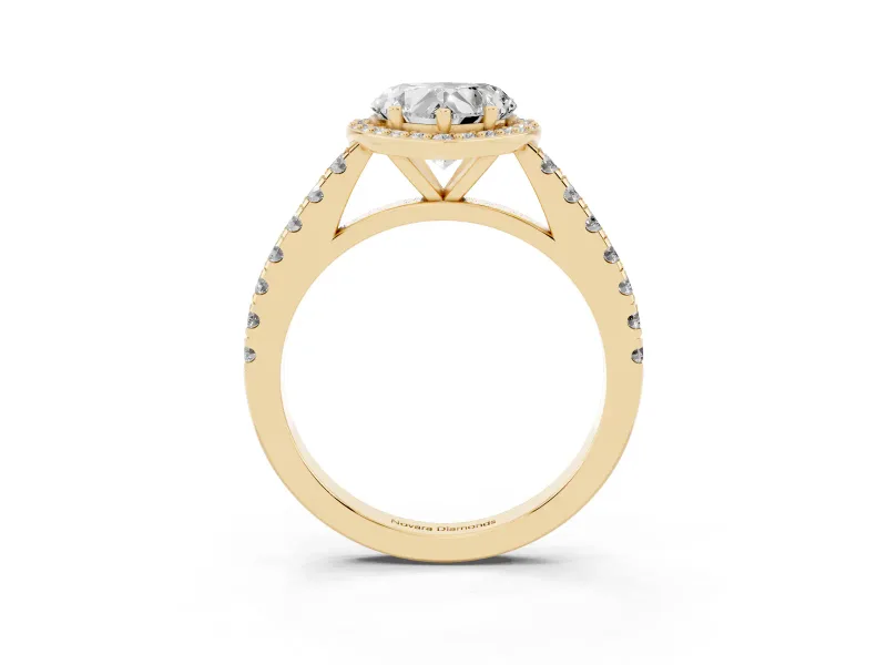 Heart Cut Diamond Halo Engagement Ring Set in Yellow gold with Pavé Band and Prong Setting